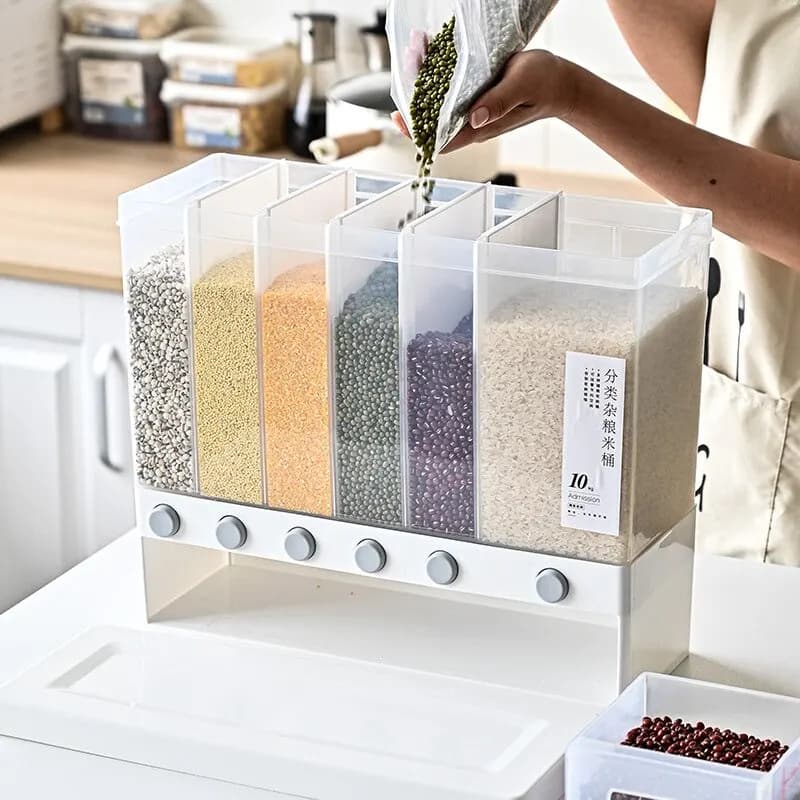 Dispenser per Riso da 1 Pezzo, Contenitore per Alimenti da 26 Libbre, Dispenser per Alimenti Secchi a 6 Scomparti, Contenitore per Cereali, Scatola per Conservazione Frutta Secca