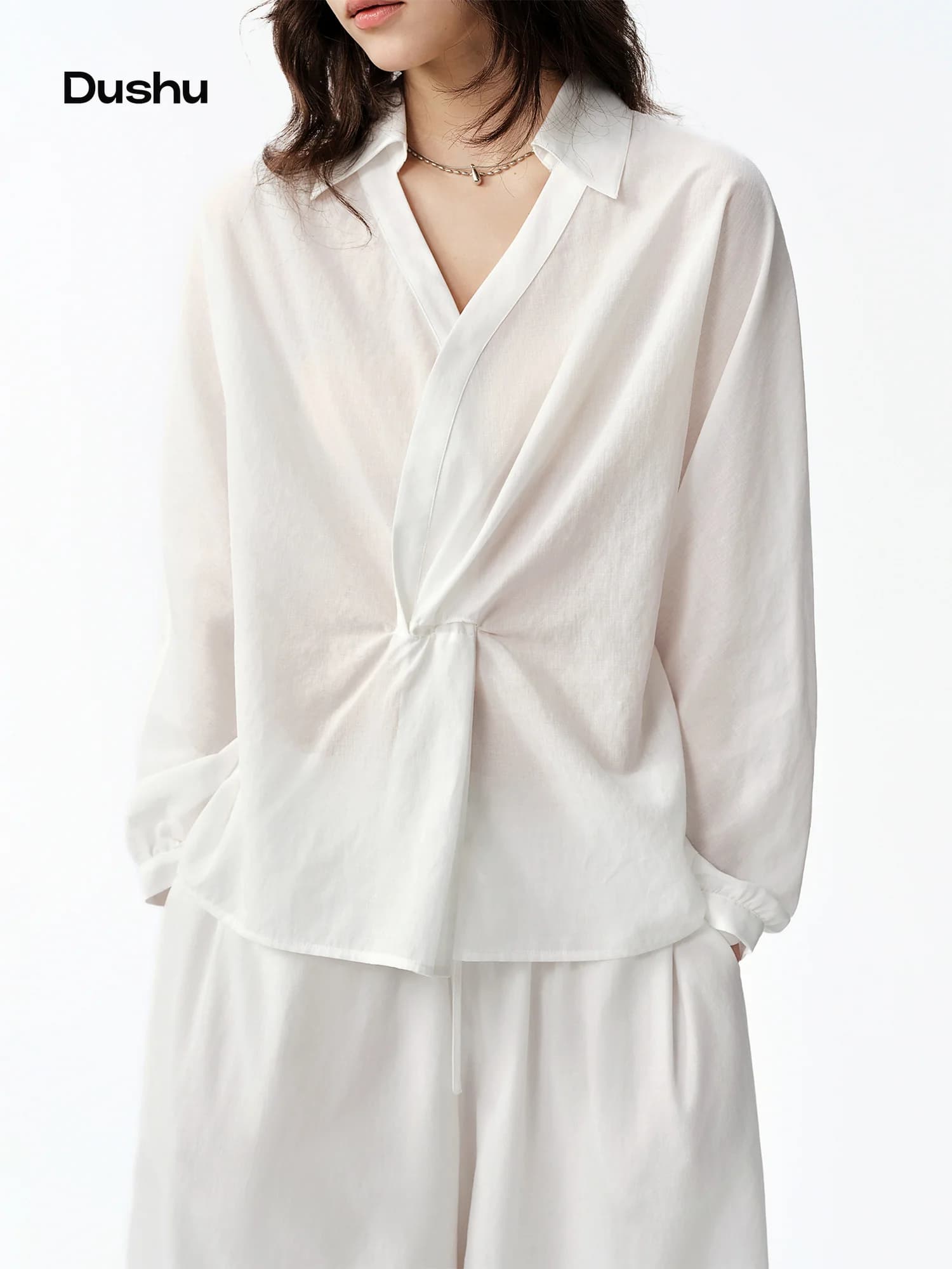 DUSHU Sheer Knotted Shirt New Summer Arrival Stylish Elegant Long-sleeved Commuter Top Long Sleeve V-neck Clean Fit Ins French