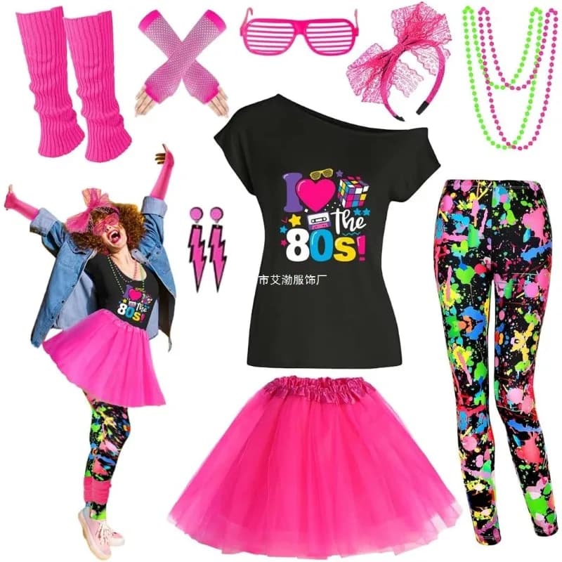 Set di Accessori per Costume Anni '80: T-Shirt Stampata, Gonna Tutu, Fascia per Capelli, Orecchini, Collana, Scaldamuscoli, Set Completo per Festa Anni '80 per Adulti, 8 Pezzi