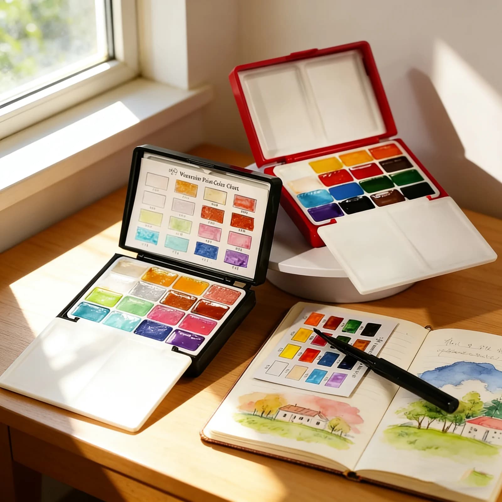 Set of 32 colors mini portable watercolors, set for watercolor painting with mini palette, perfect for artists to create always and everywhere.