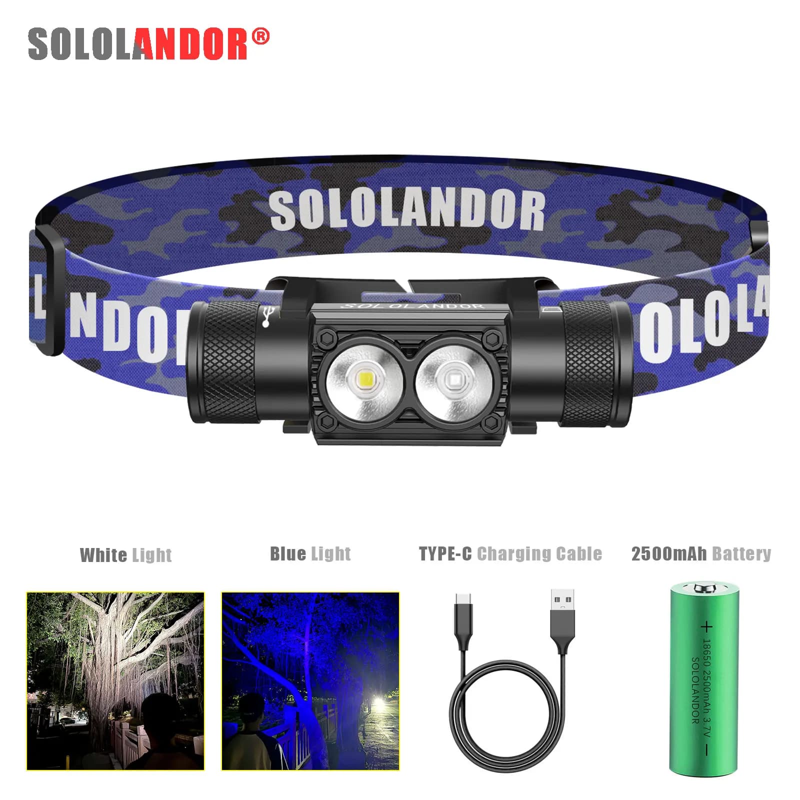 1PC SOLOLANDOR Lampada frontale a LED bianca e blu ad alta potenza 18650 Torcia ricaricabile USB Type-C Lampada da campeggio per caccia