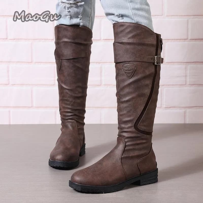 Stivali Alti da Donna Primavera Autunno con Punta Tonda e Cinturino, Stivali da Equitazione Vintage in Pelle con Tacco Basso, Stivali Lunghi Casual Stile Western