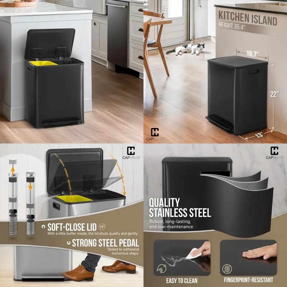 Pattumiera doppia in acciaio inossidabile a mani libere con coperchio singolo, combo bidone per rifiuti da cucina e contenitore per il riciclo, design salvaspazio per moderno