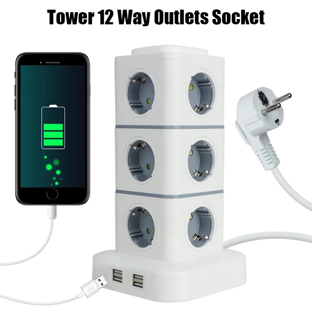 12 Tower current socket 4 USB ports Extension cable 2.8 M EU plug Overload protection Vertical socket 220 V 10 A