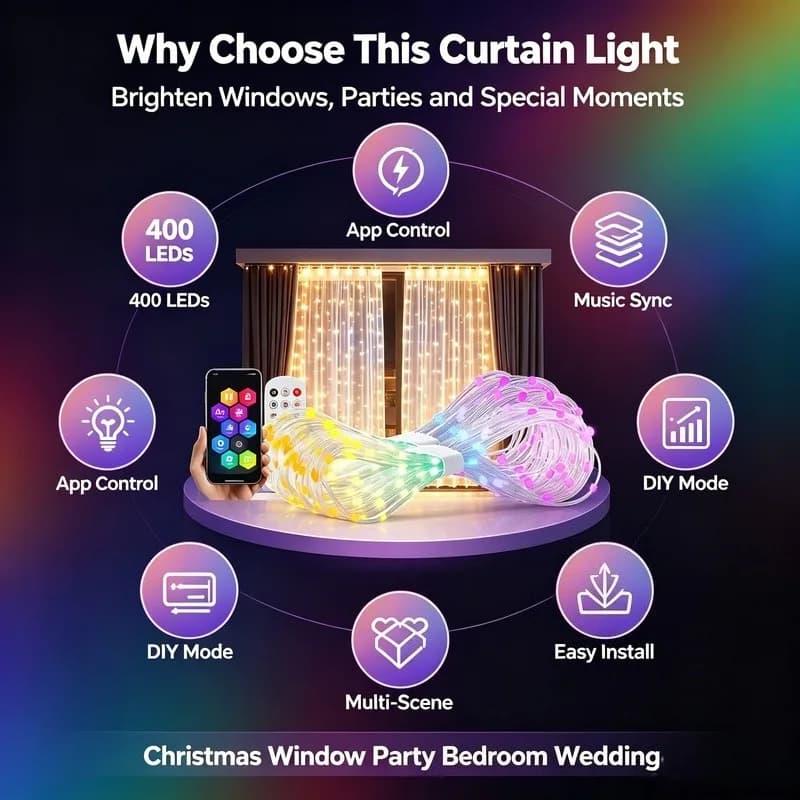 LED Curtain Lights USB Powered, App Controlled DIY Window Fairy Lights for Holiday Party Decor