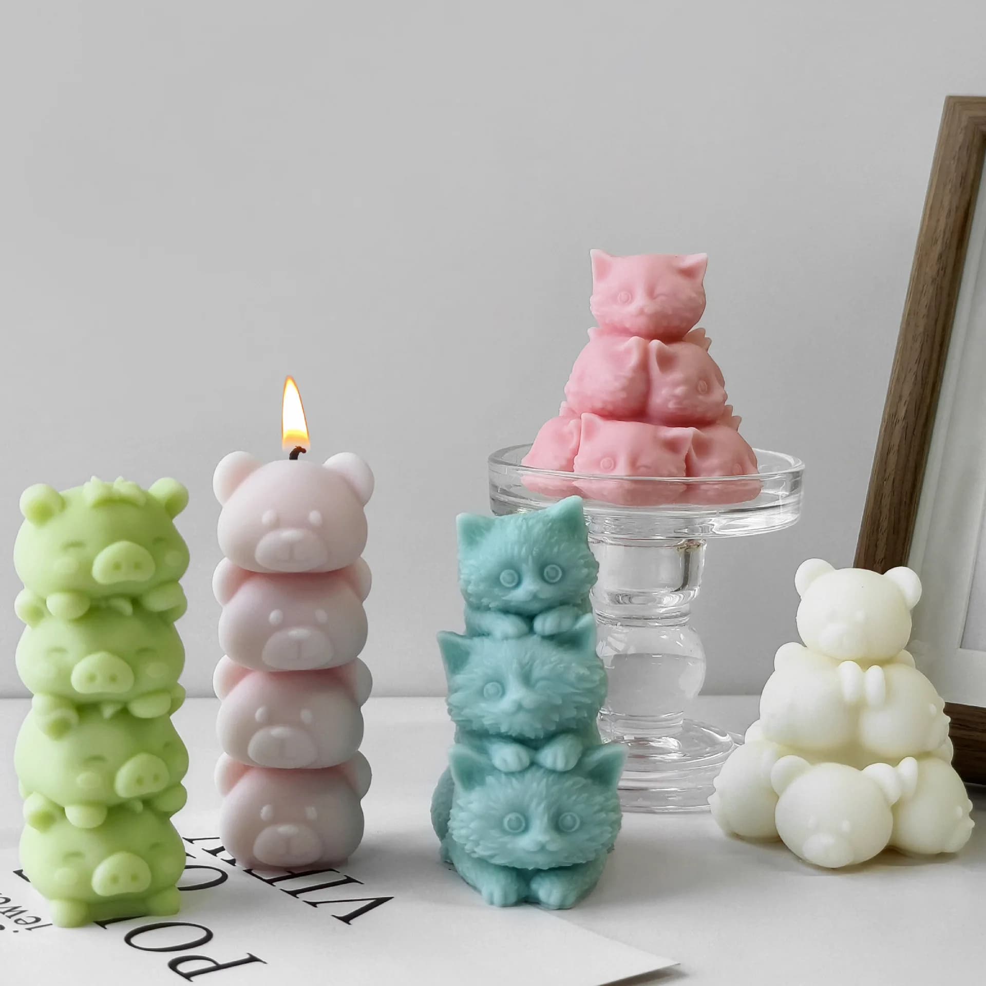 3D Stacking Animal Pig Kittens Bears Candle Silicone Mold DIY Handmade Aroma Plaster Resin Ornaments Soap Candle Making Supplies