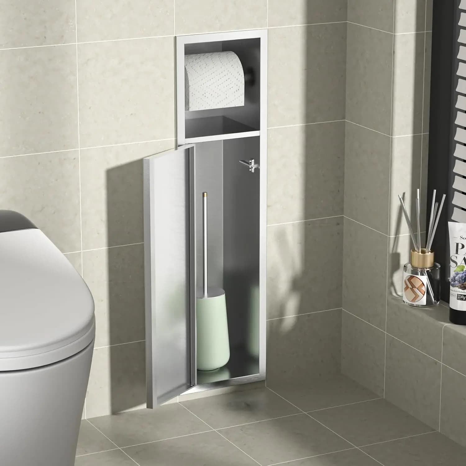 Dispenser Multifunzione per Fazzoletti in Acciaio Inox 304, Cestino, Porta Scopino, Porta Carta Igienica a Incasso per Bagno