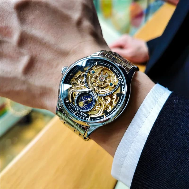 Orologio Automatico da Uomo in Acciaio Inossidabile, Nuovo Modello Scheletrato con Fasi Lunari, Luminoso, Impermeabile, Tourbillon