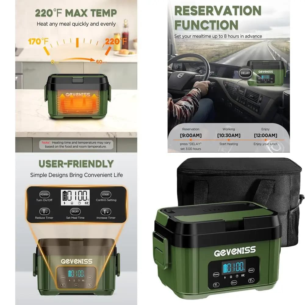 Portapranzo elettrico portatile in acciaio inossidabile da 1,1 litri con riscaldamento a batteria, timer e design a tenuta stagna per adulti in viaggio
