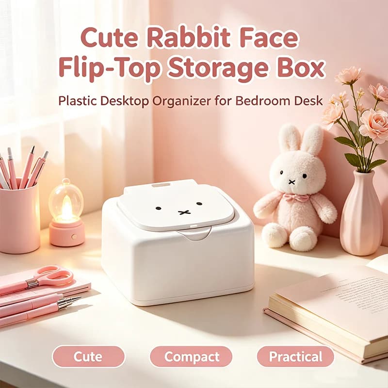 Cute Rabbit Face Flip Top Storage Box Plastic Desktop Organizer Small Cosmetic Jewelry Sundries Container For Bedroom Desk