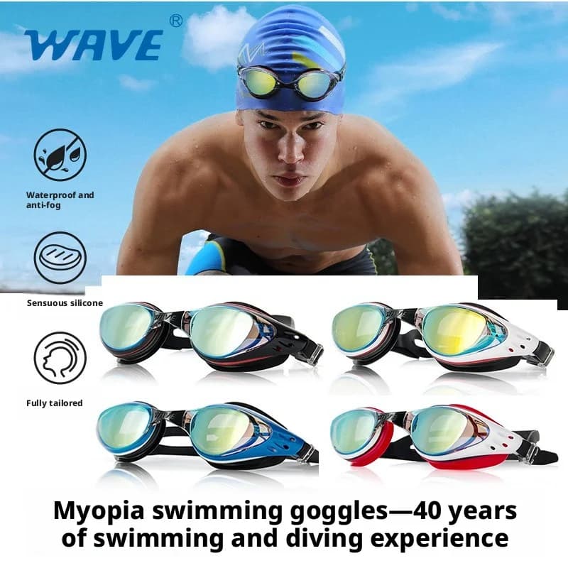 WAVE Professional Fashion Electroplated Large Frame Swimming Goggles Comfortable Adjustable Waterproof Anti-fog Prescription Swi