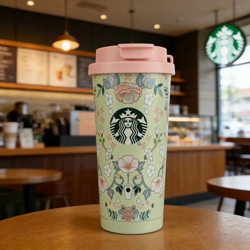 Borraccia Termica in Acciaio Inossidabile Ispirata a Starbucks con Fiori Primaverili, 473ml, Coperchio Rosa - Regalo Perfetto per le Feste