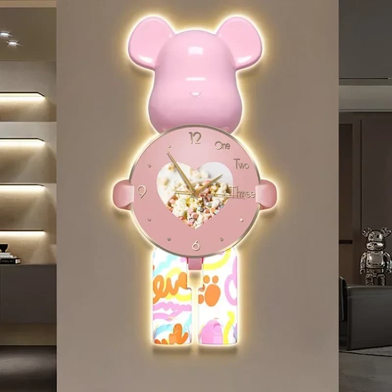 Orologio da Parete Moderno Luminoso a LED Grande con Orso, Decorazione per la Casa, Orologio Silenzioso in Cristallo, Lampada da Interno per Soggiorno