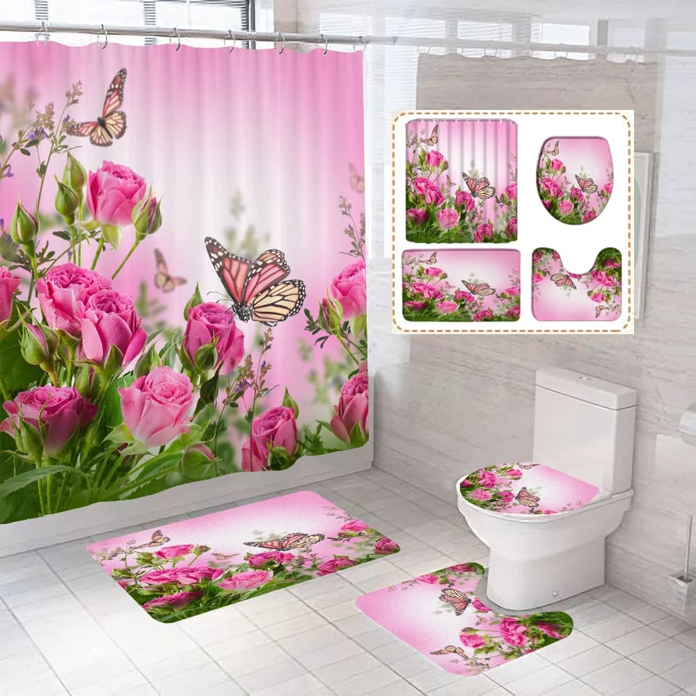 Set di tende da doccia per bagno impermeabili stampate con fiori di rosa e farfalla Set di tappetini da bagno antiscivolo Set di tappeti Copriwater Decorazioni per il bagno