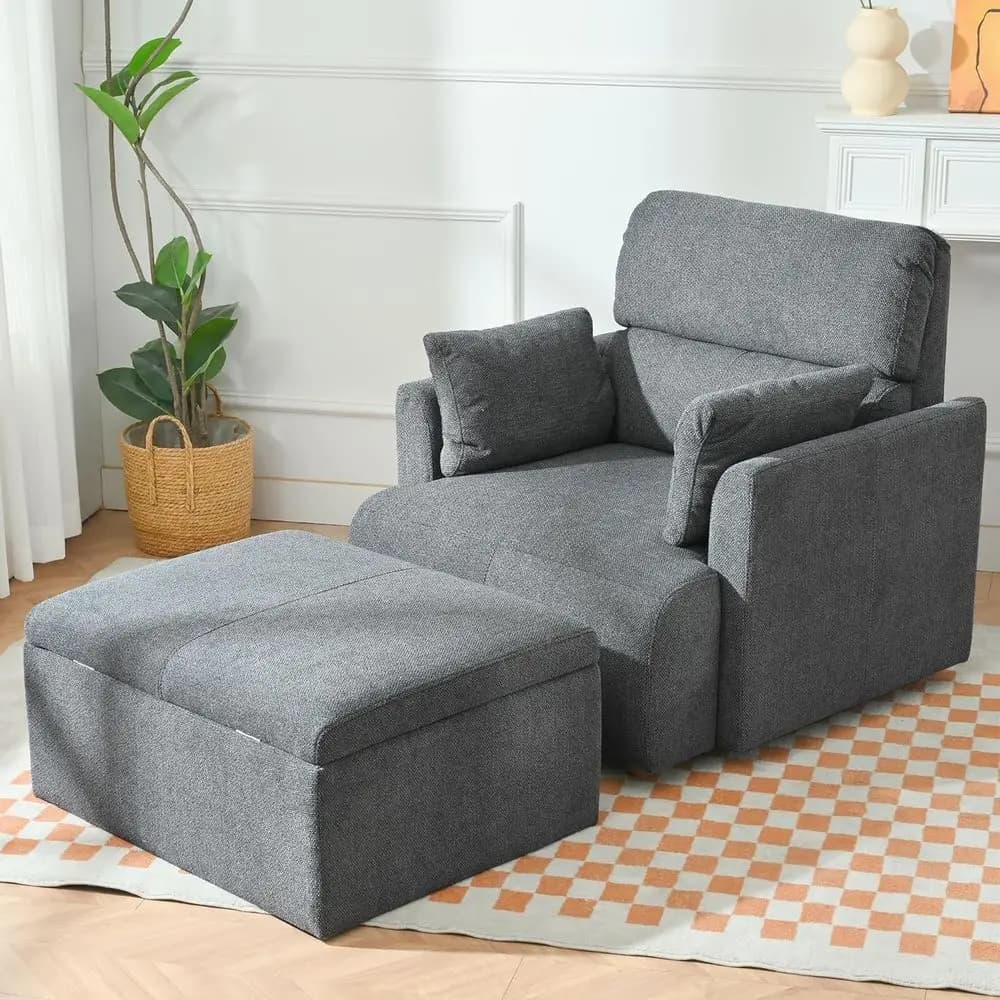 Poltrona Oversize con Poggiapiedi Contenitore e 2 Cuscini, Chaise Longue Imbottita, Poltrona da Lettura con Seduta Profonda per Soggiorno