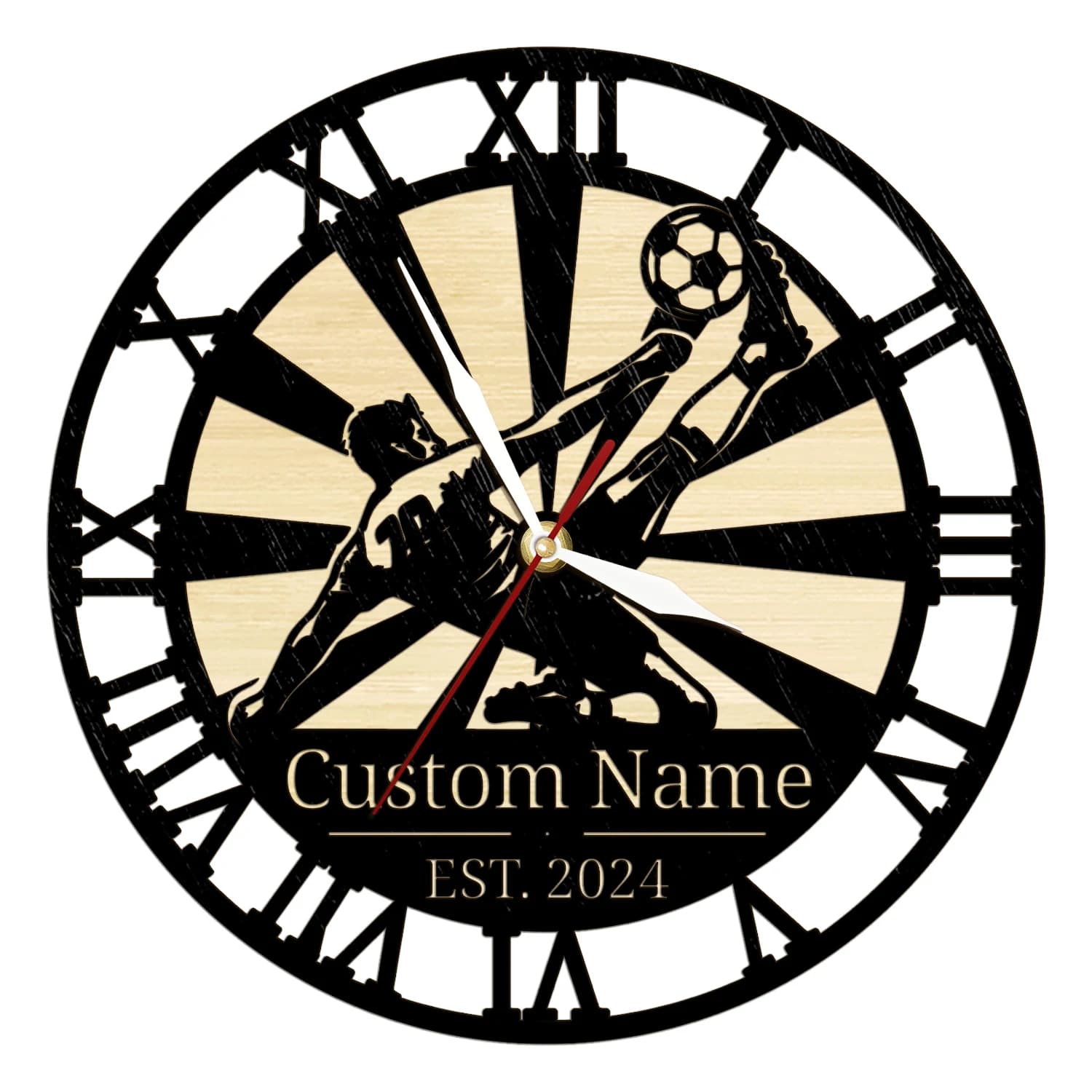 Orologio da Parete in Legno Naturale Ecologico Personalizzato con Nome, Tema Calcio, Giocatore di Calcio che Tira, Bicicletta, Calcio