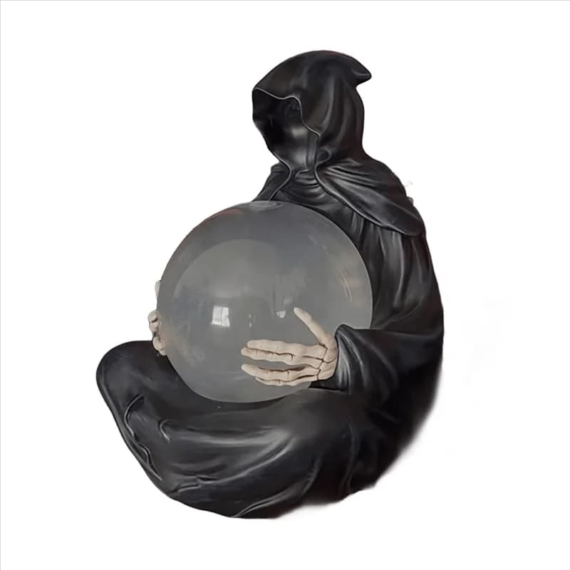 B08B-Decorazione di Halloween Statua di Reaper con luce a LED con pipistrelli volanti Sfera di cristallo, per vibrazioni magiche Globo d'acqua