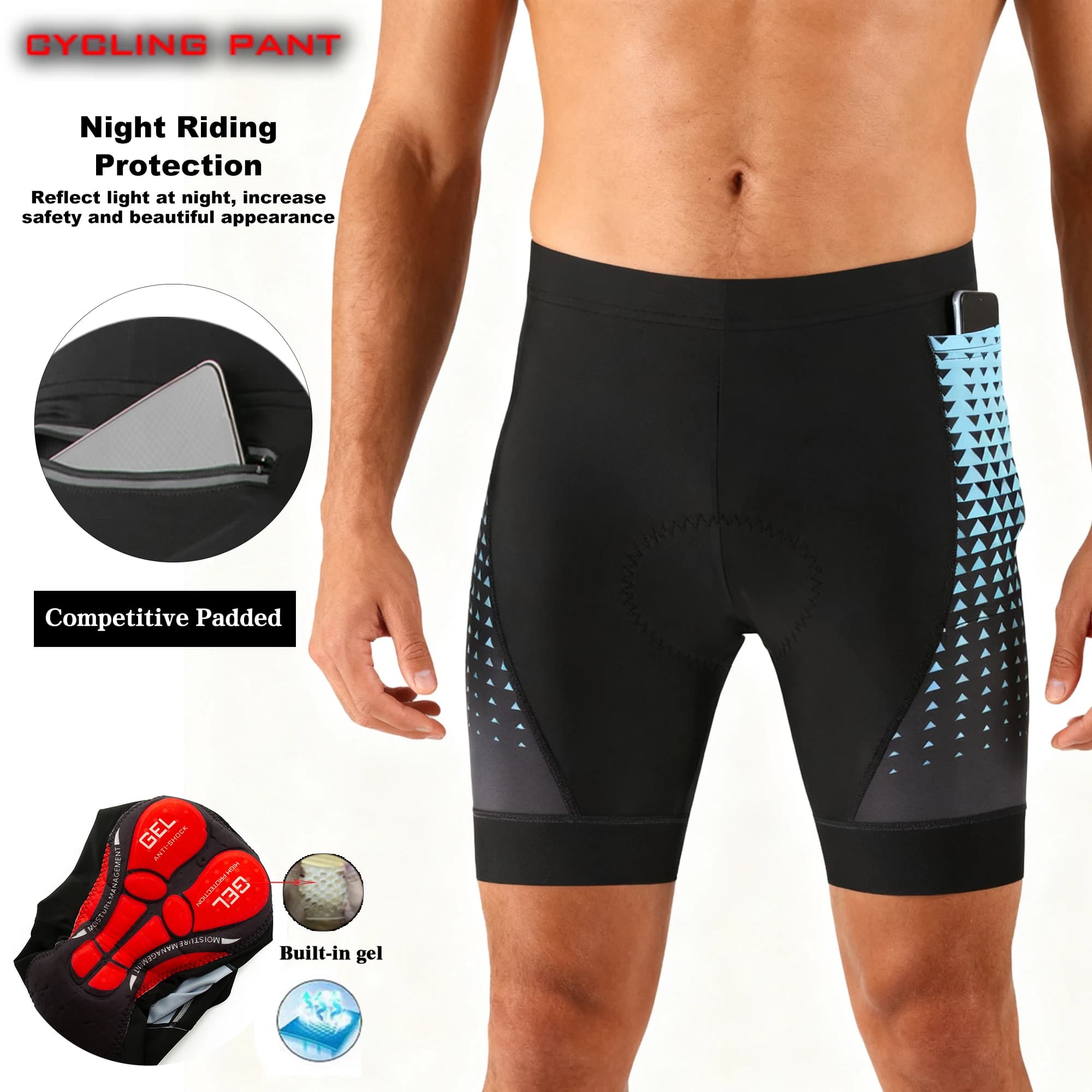 Pantaloncini da ciclismo elasticizzati da uomo, traspiranti, con 3 tasche, per sport all'aria aperta