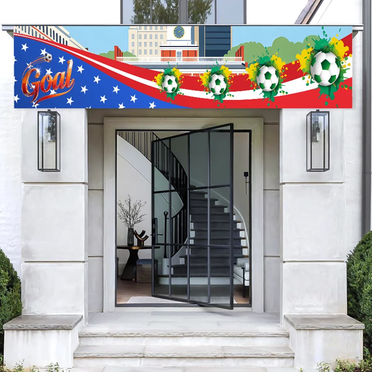 1 pezzo di striscione a tema calcistico da 200×40 cm (materiale in poliestere) - Adatto per feste per il visionamento della Coppa del Mondo, riunioni di tifosi, decorazioni per giardino/garage/balcone, creazione di atmosfera per eventi, bandiera decorativa da appendere a tema calcio americano/canadese/messicano