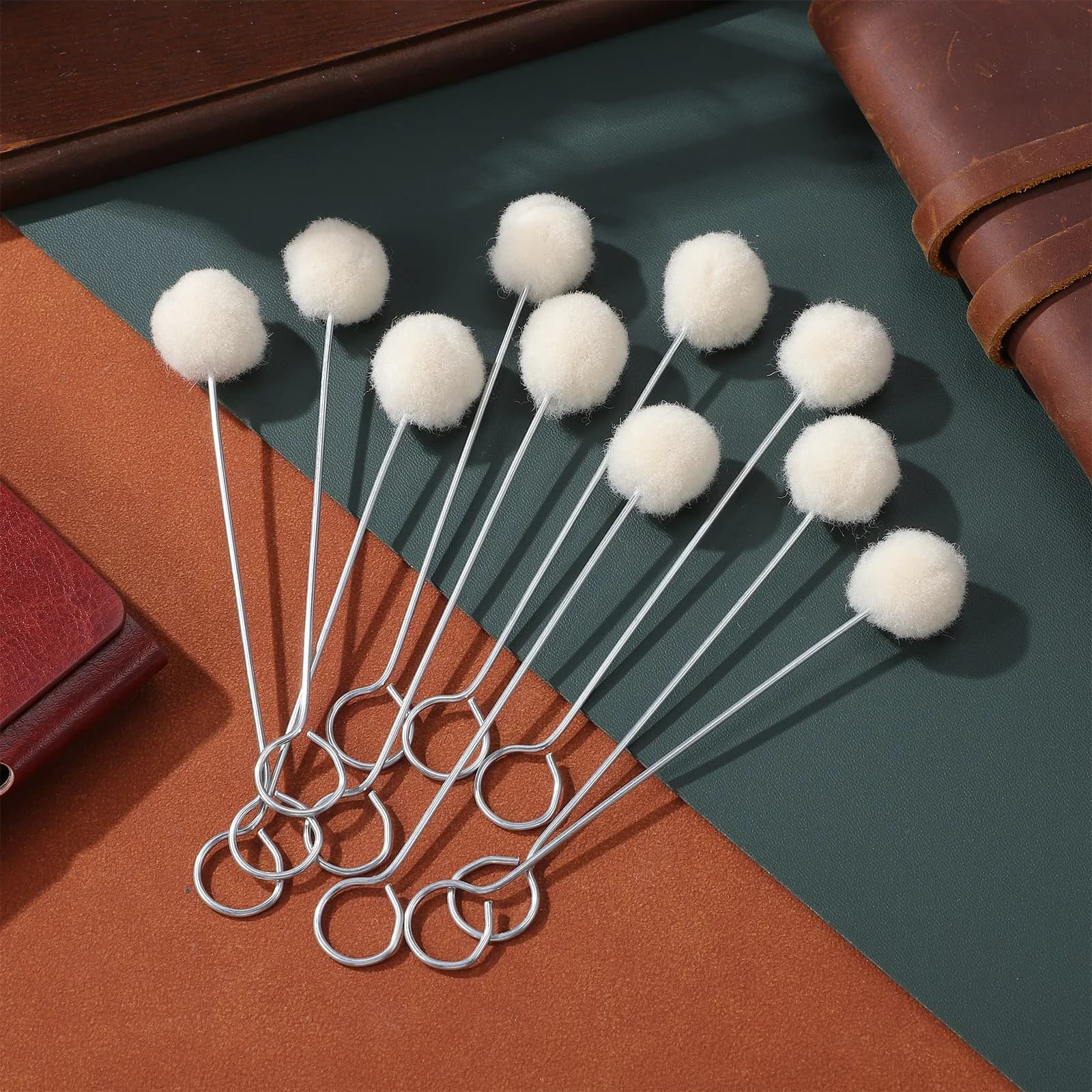 10Pcs Wool Ball Brush Metal Handle Dye Tool Smooth Stain Daubers for Shoe Edge Conditioning Tools Set