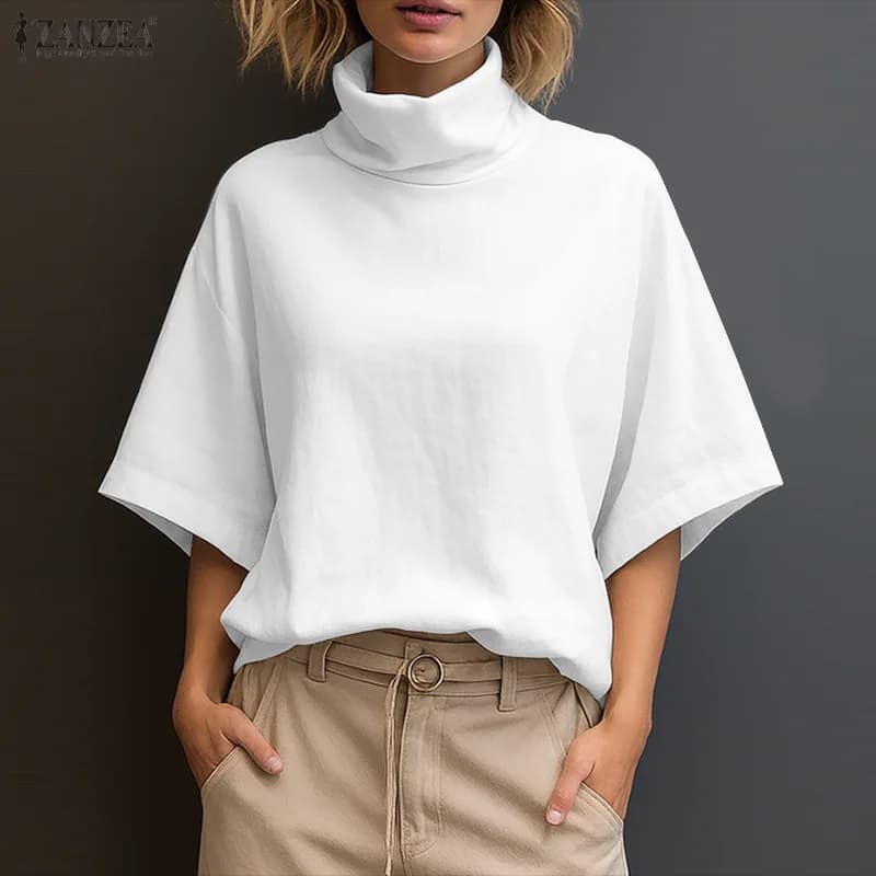 Camicetta Elegante da Donna 2025 ZANZEA, Camicia Estiva da Ufficio, Tunica Elegante Monocolore per Lavoro, Top a Collo Alto con Mezza Manica, Blusa Femminile