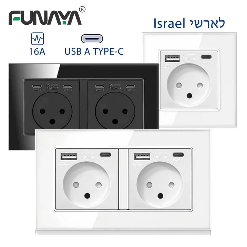 Israel 16A Wall Clamp with USB Type-c Israel Crystal Panel White Electric Grip for Home