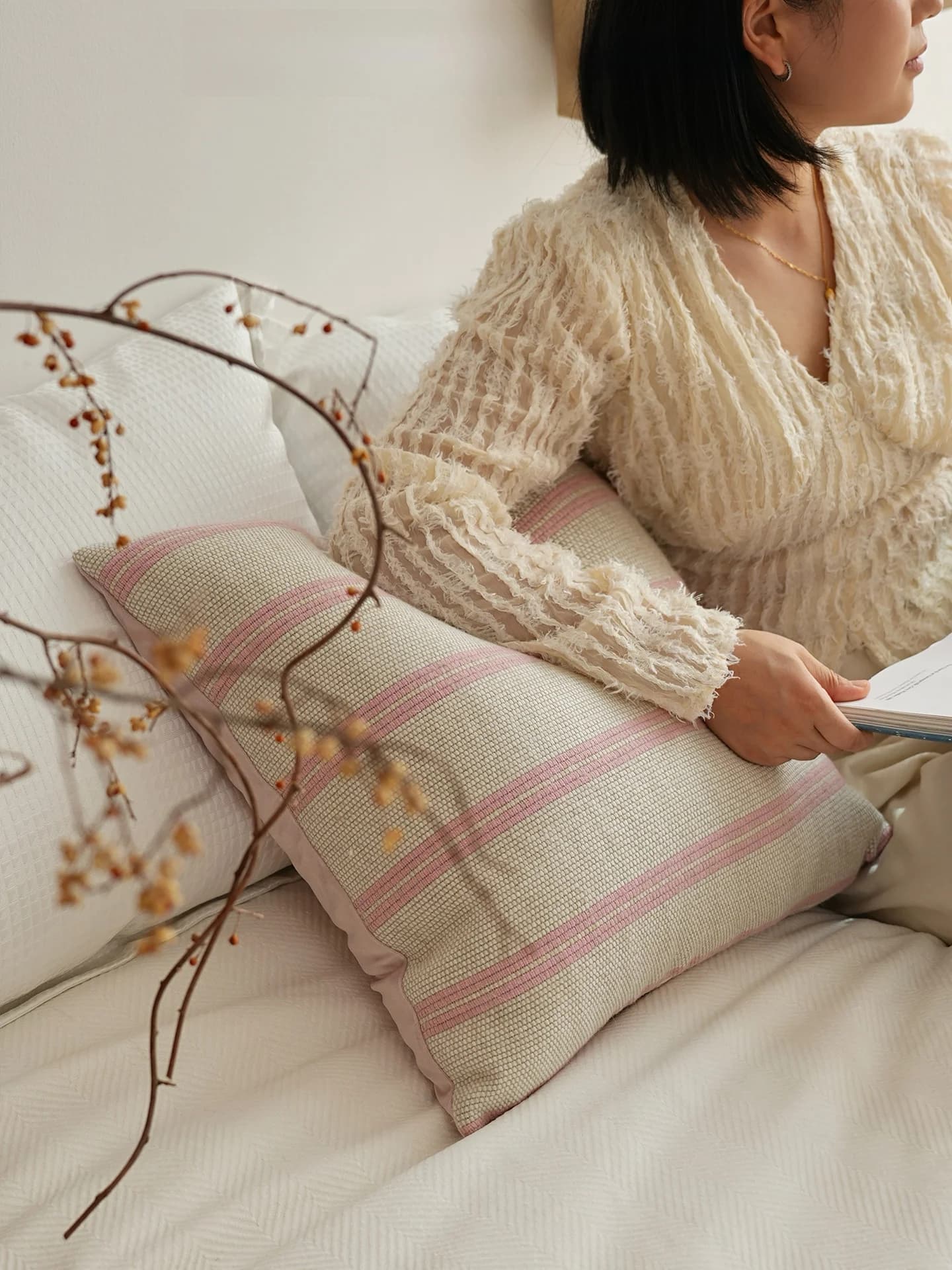 Cuscino Decorativo in Misto Lino e Lana a Righe Rosa, Cuscino Quadrato per Divano, Cuscino Lombare per Arredamento Casa