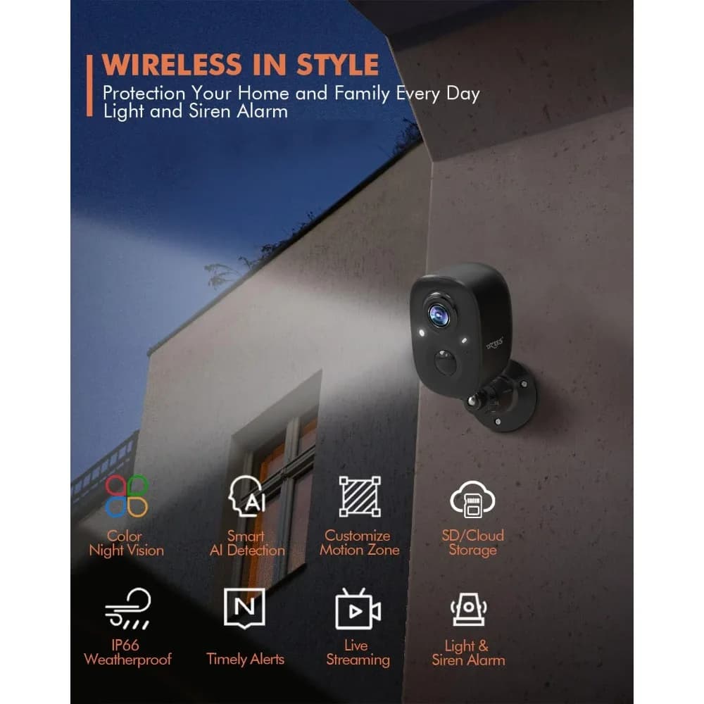 Telecamere di sicurezza 2K wireless per esterni, telecamera di sorveglianza WiFi alimentata a batteria per la sicurezza domestica, videocamera per interni