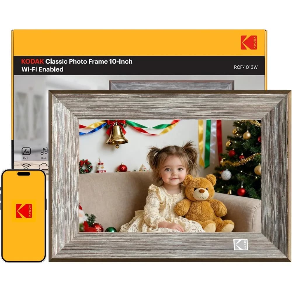 Cornice Digitale WiFi in Legno 32G 10.1 Pollici HD IPS Touch Screen con Rotazione Automatica per Condividere Foto e Video