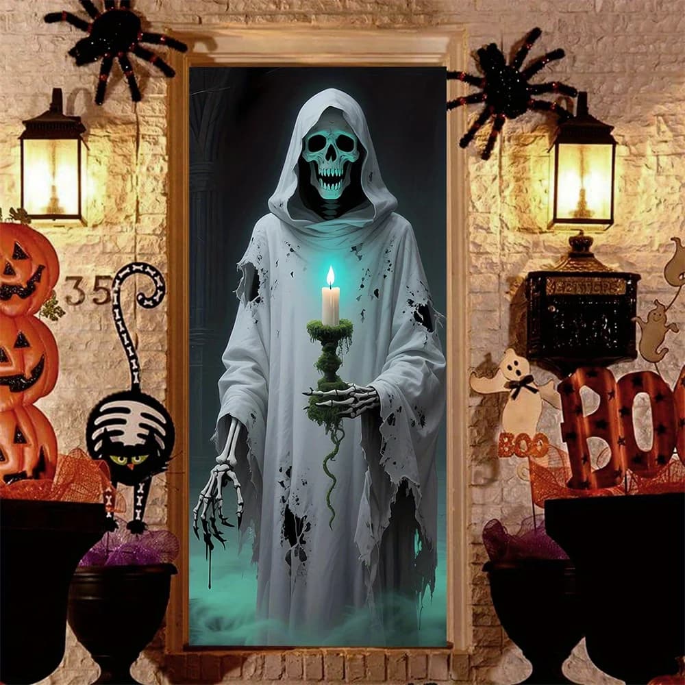 1 set di decorazioni per porte di Halloween: abiti con teschi e candele luminose. Design per interni ed esterni, cortili, ingressi.