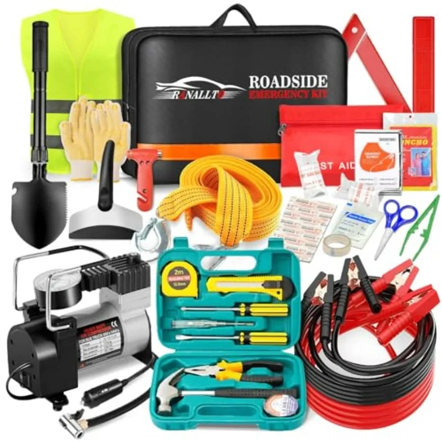 Kit di Emergenza Stradale per Auto e Camion, Attrezzatura di Sicurezza Invernale con Compressore d'Aria, Cavi di Avviamento, Kit di Pronto Soccorso, Coperta e Pala