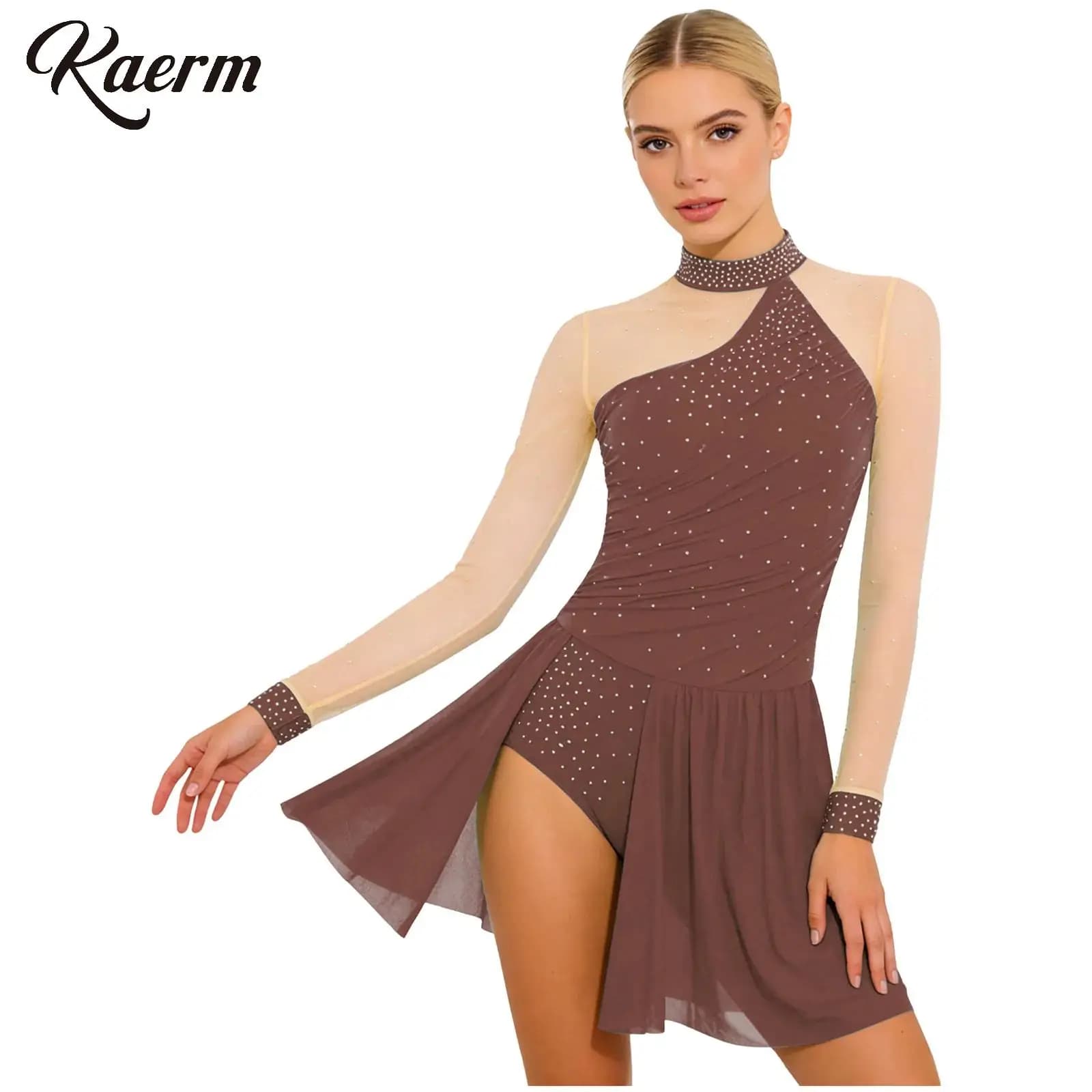 Abito da Pattinaggio Artistico con Strass per Donne, Costume per Danza Contemporanea e Lirica, Body da Ginnastica e Balletto in Rete Trasparente