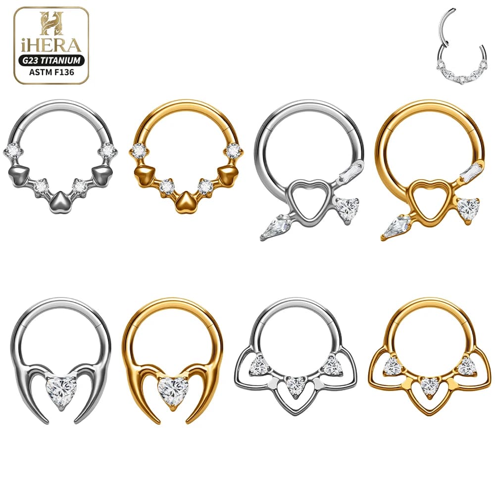 ASTM F136 Titanium Heart Arrow Clear CZ Nose Earring Lip Septum Hinged Segment Ring Wholesale Body Jewelry Piercing Helix Conch