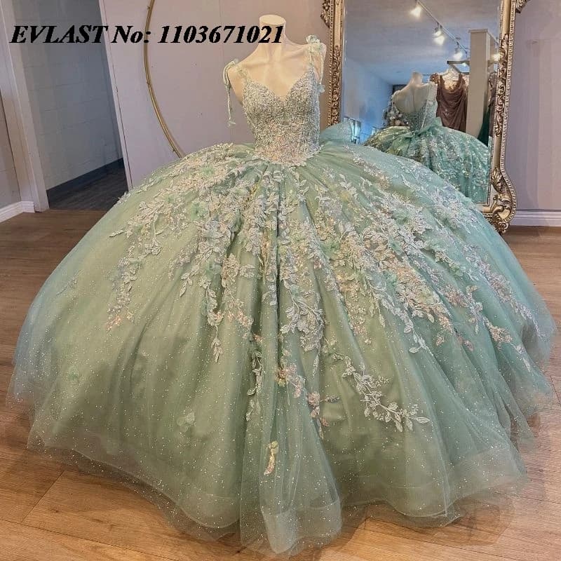 EVLAST Personalizzato Verde Menta Abito di Sfera Abito Quinceanera Applique di Pizzo Che Borda Messico Arco Dolce 16 Abiti De XV 15 Anos SQ188