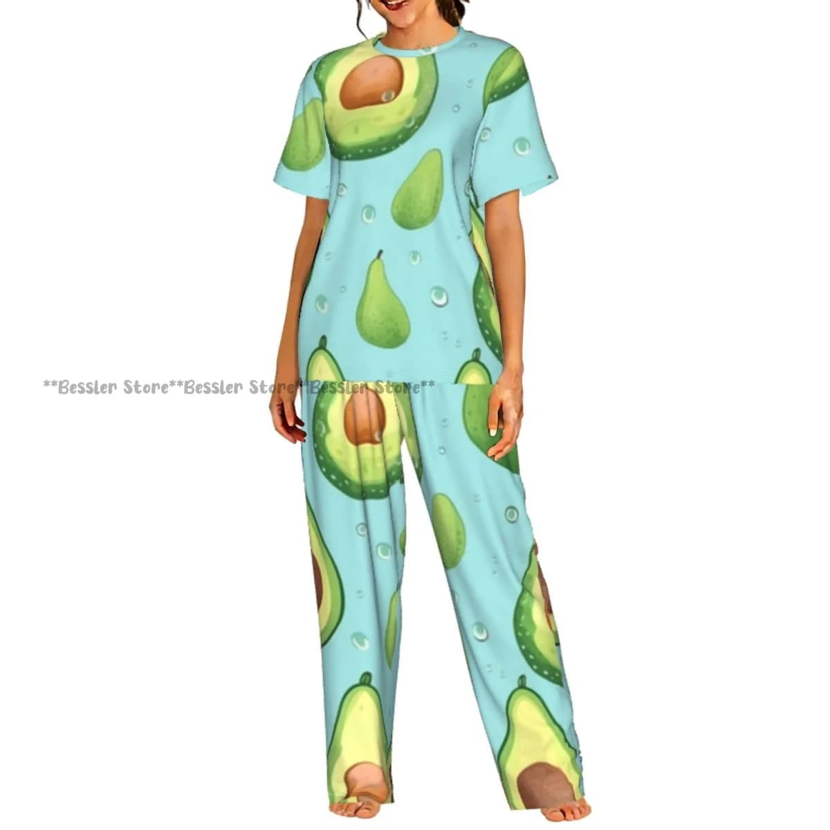 Women's pajamas set with avocado illustration and water drops, short sleeves, 2 pieces, homewear and leisure