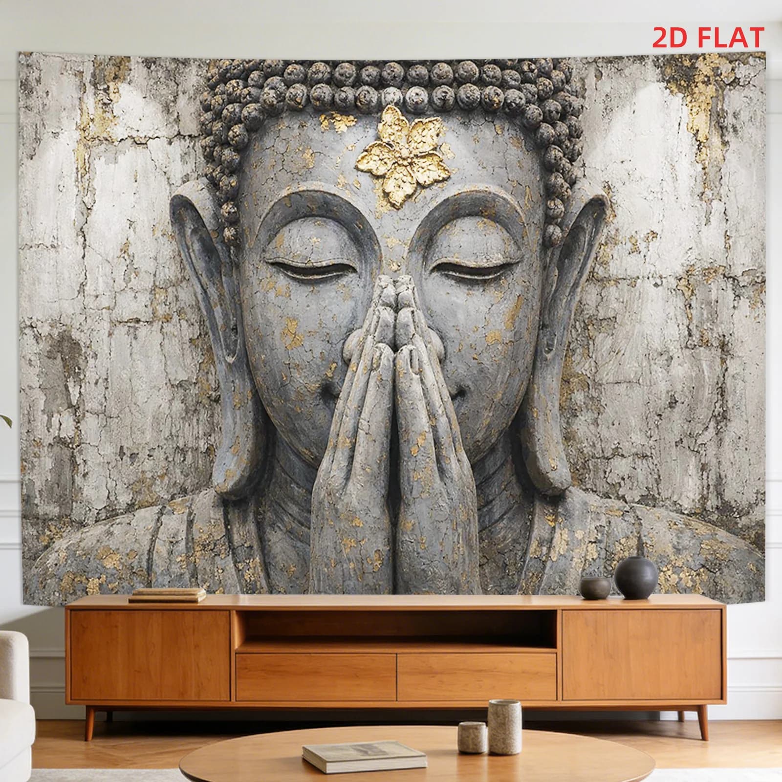 Buddha Statue Tapestry with Prayer Hands and Gold Leaf 180x280cm Wall Decor aesthetic room decor