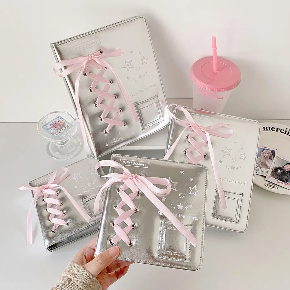 Hisocute Polish silver PU photo card collector with ribbon bow, photo album A5/A7 K-Pop, book to collect high-capacity stars