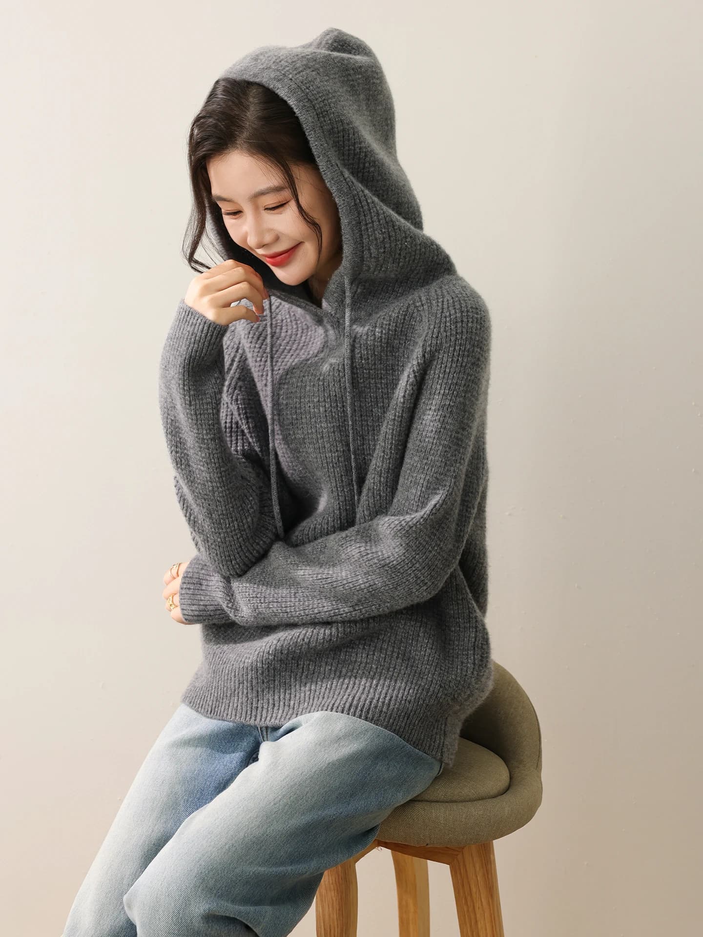 Nuovo Maglione con Cappuccio da Donna 100% Lana Merino, Pullover Lavorato a Maglia con Coulisse, Maglia Casual a Maniche Lunghe Tinta Unita per Autunno Inverno