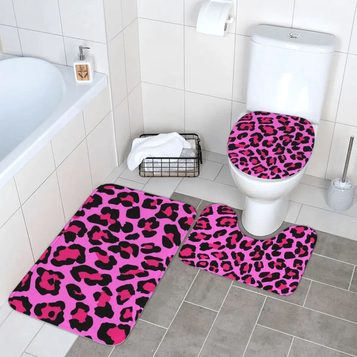 Tappetino da bagno in 3 pezzi con stampa leopardata rosa caldo Set da bagno Copri coperchio per WC Decorazioni per la casa Tappeto antiscivolo