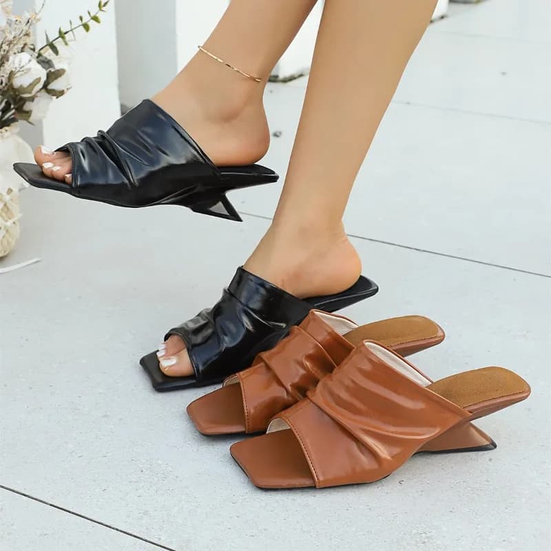 Women's Ladies Faux Leather Ruched Square Toe Mid Heel Slides Open Toe Elegant Party Summer Outdoor Dress Sandals Slippers Shoes