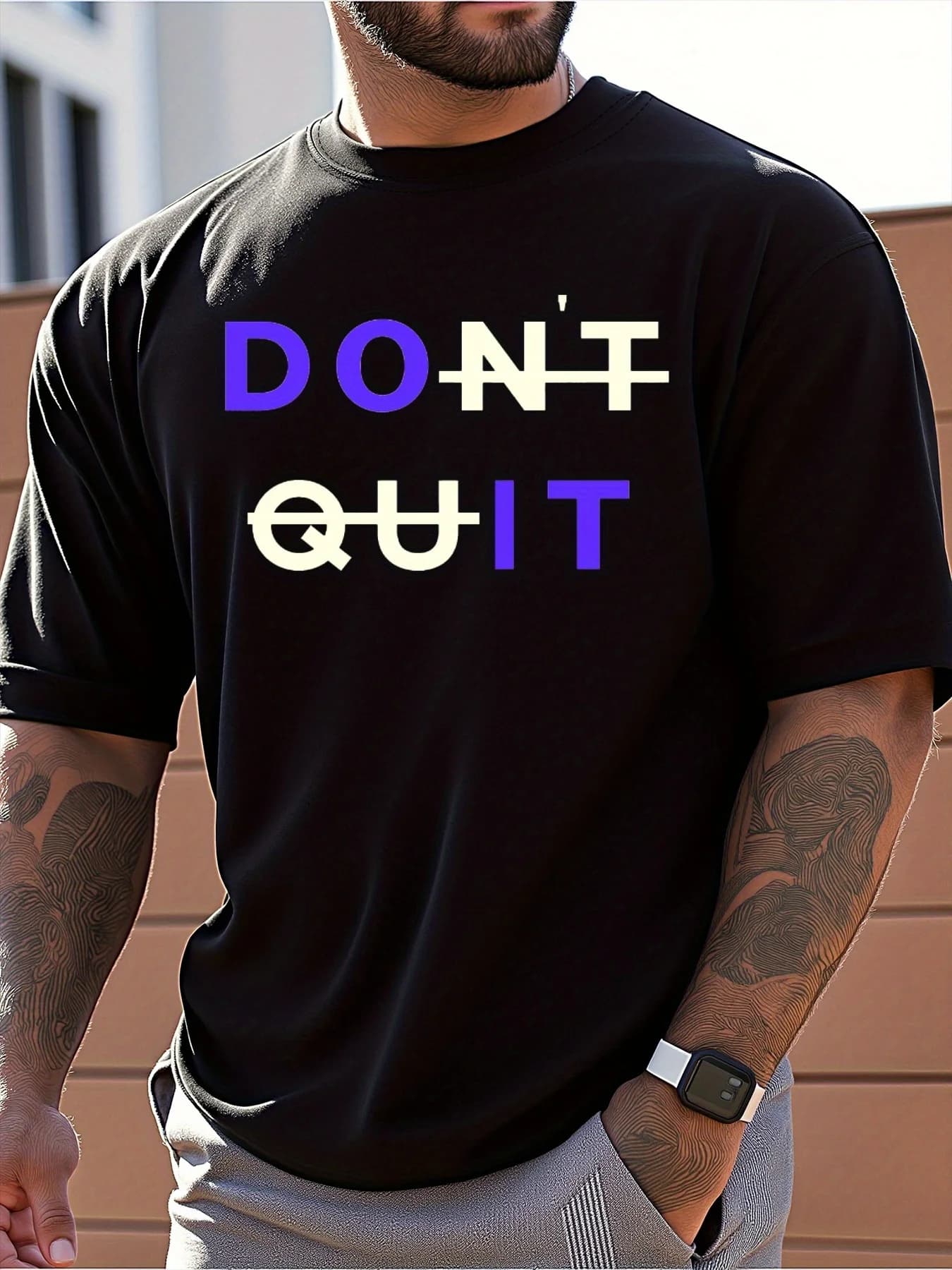T-shirt casual da uomo in puro cotone con maglietta traspirante a maniche corte con stampa motivazionale Don't Quit per l'uso quotidiano all'aperto