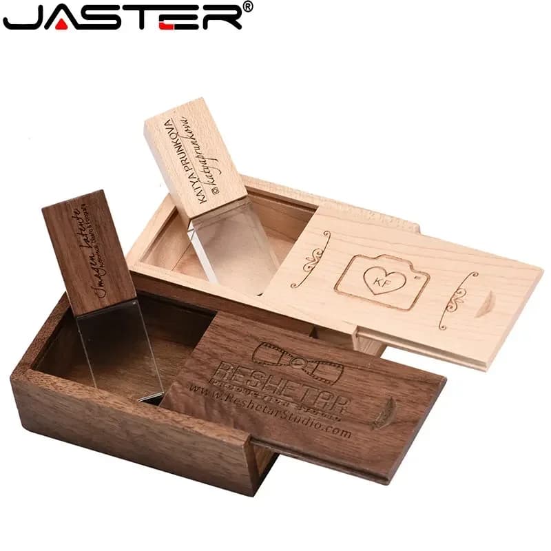 Chiavette USB in cristallo 128 GB Logo personalizzato gratuito Memory Stick Fotografia Regalo di nozze Pen Drive 64 GB Scatola di legno Pendrive 32 GB