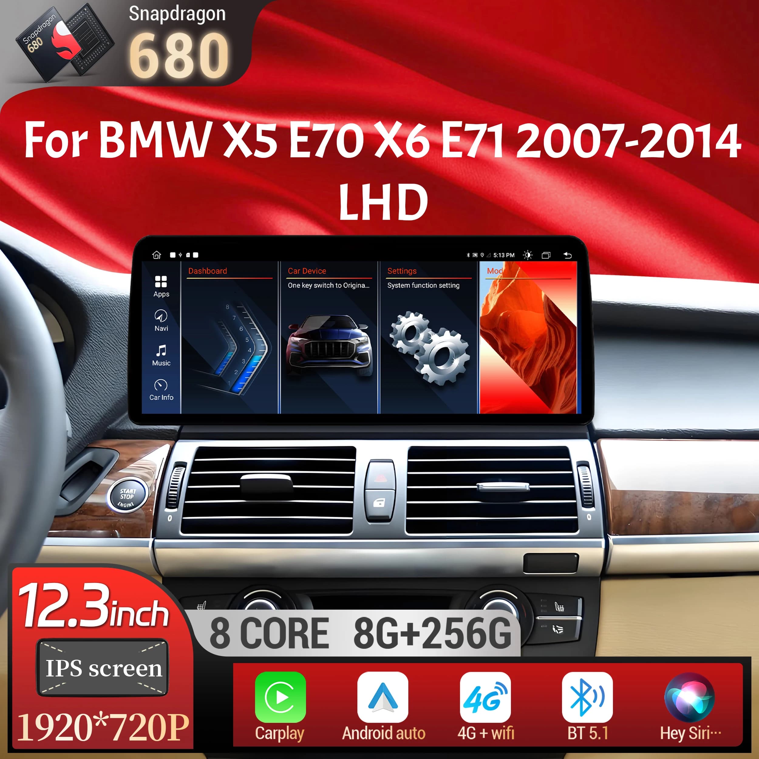 12.3 pollici Guida a sinistra Android 13 Per BMW X5 E70 X6 E71 2007-2014 Autoradio Wireless BT Carplay Snapdragon 680 Touch Screen