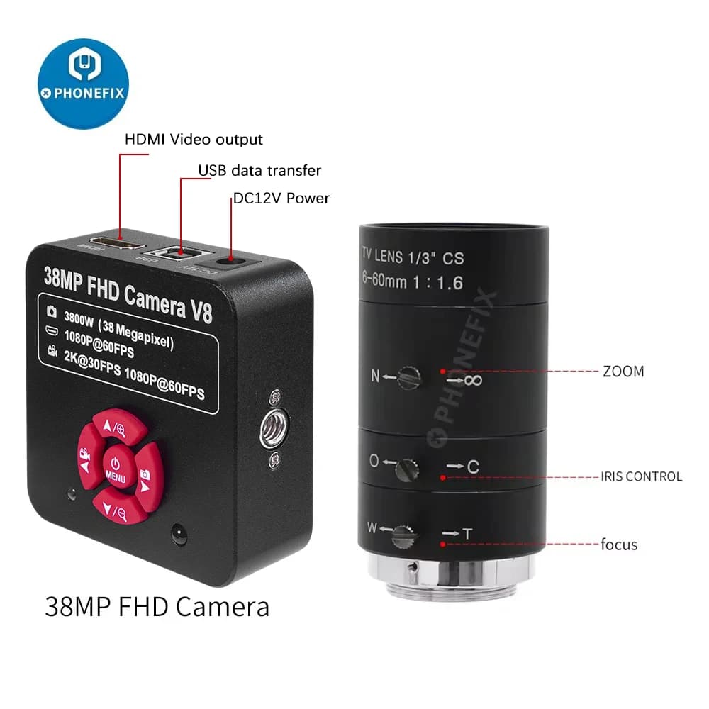 Fotocamera HDMI da 38 MP 1080P 3800W HD 60FPS 2K Fotocamera industriale con attacco C/CS Webcam per streaming live con obiettivo varifocale da 6-12 mm o 6-60 mm