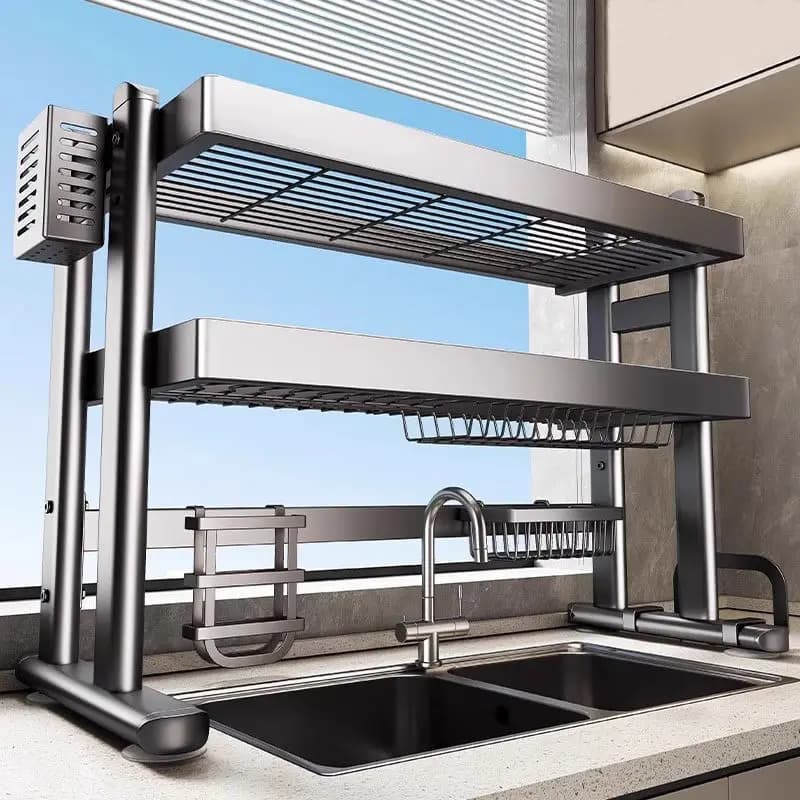 Over-the-Sink Dish Drying Rack Kitchen Sink Organizer Multifunctional Dishware Storage Shelf Space-Saving Plate and Bowl Holder