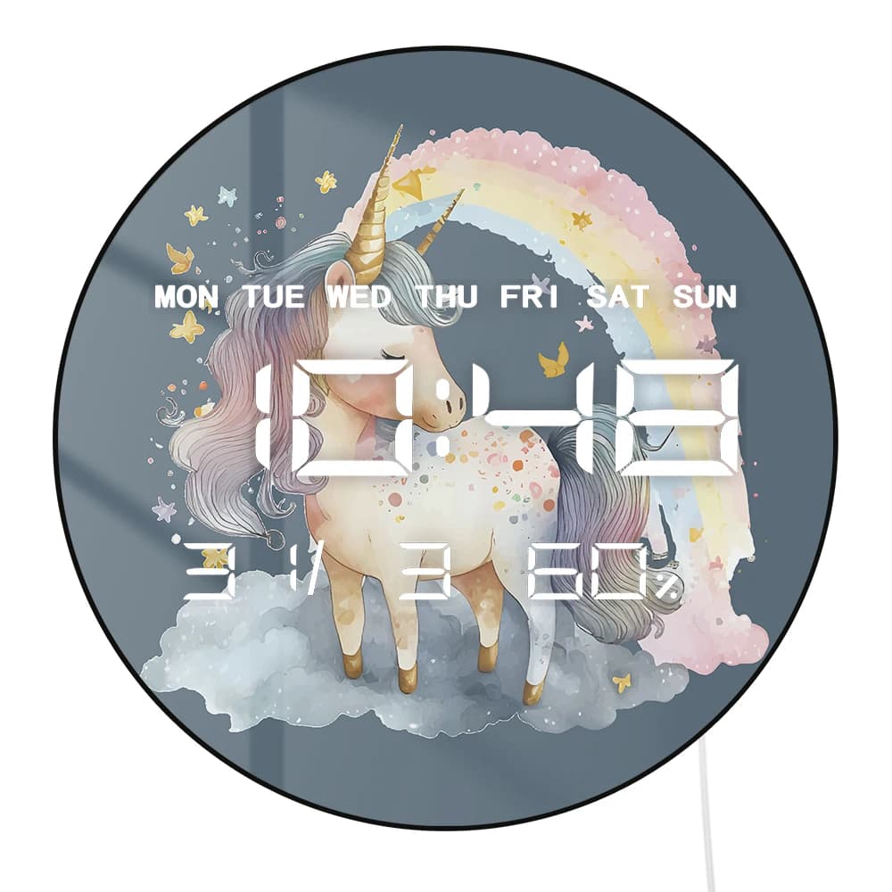 Modern electronic wall clock with rainbow unicorn, large number display for girls, children's room, home decoration, digital wall clock