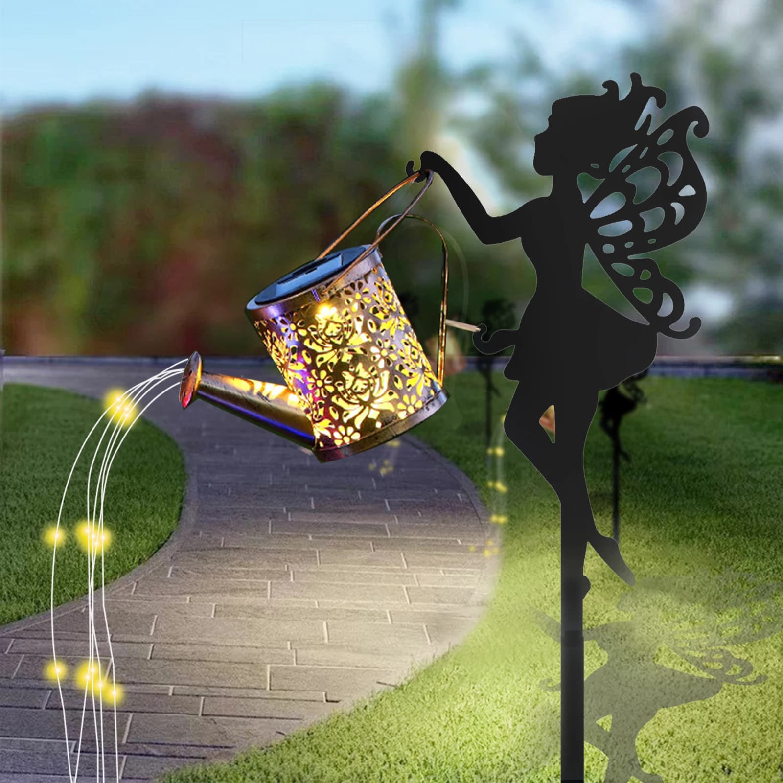 Set di 2 Luci Solari da Giardino con Design a Spruzzo d'Acqua e 6x6 LED, Illuminazione per Sentieri Esterni, Decorazione Fatata in Ferro