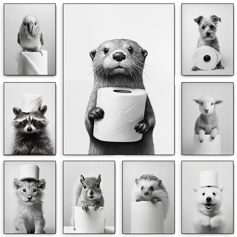 Black and White Cute Animal and Toilet Paper Poster Lion Owl Cat Dog Canvas Wall Art Bathroom Living Room Home Decor