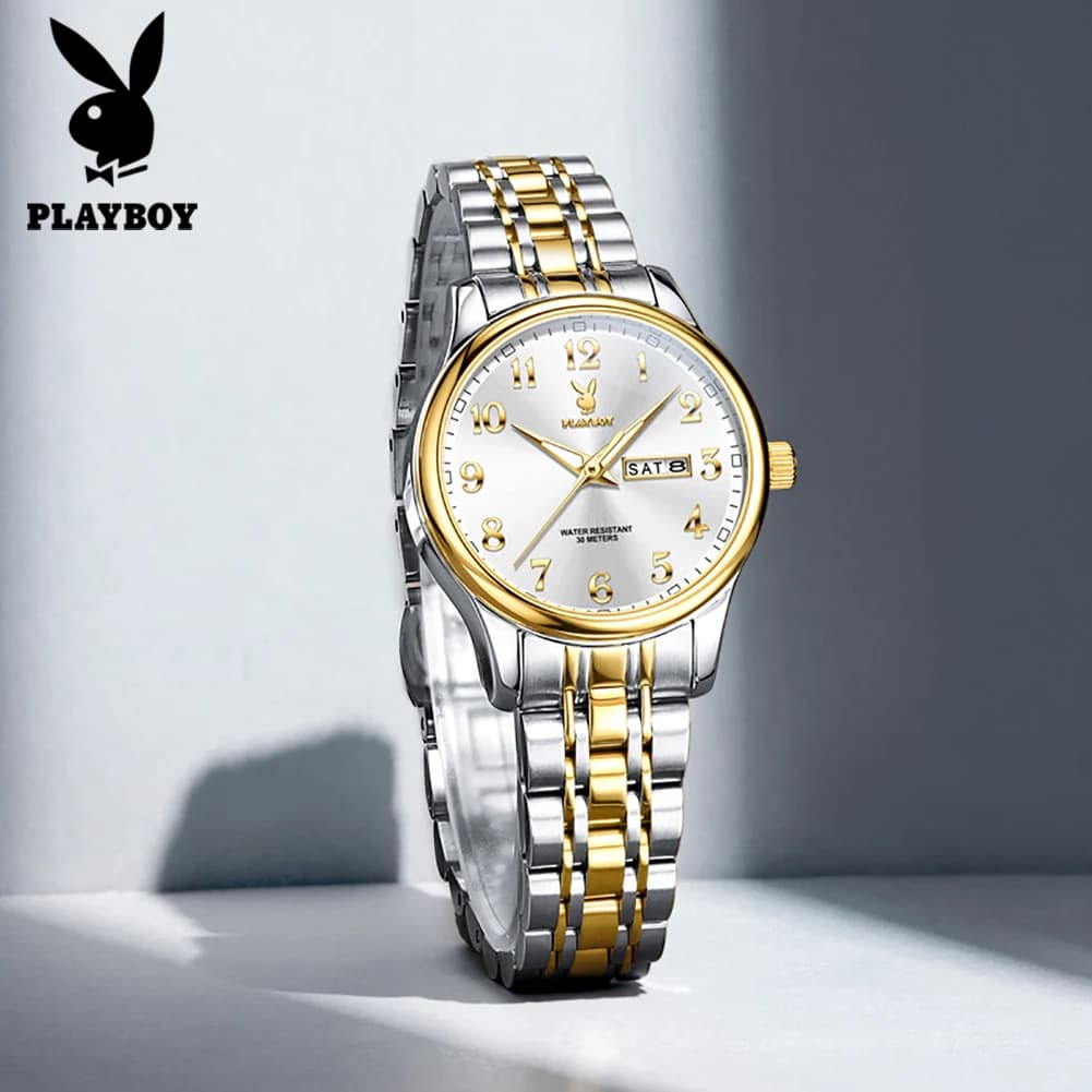 PLAYBOY 3533 Elegant Original Women's Quartz Watch Waterproof Super Luminous Stainless Steel Week Date Watches For Woman Reloj