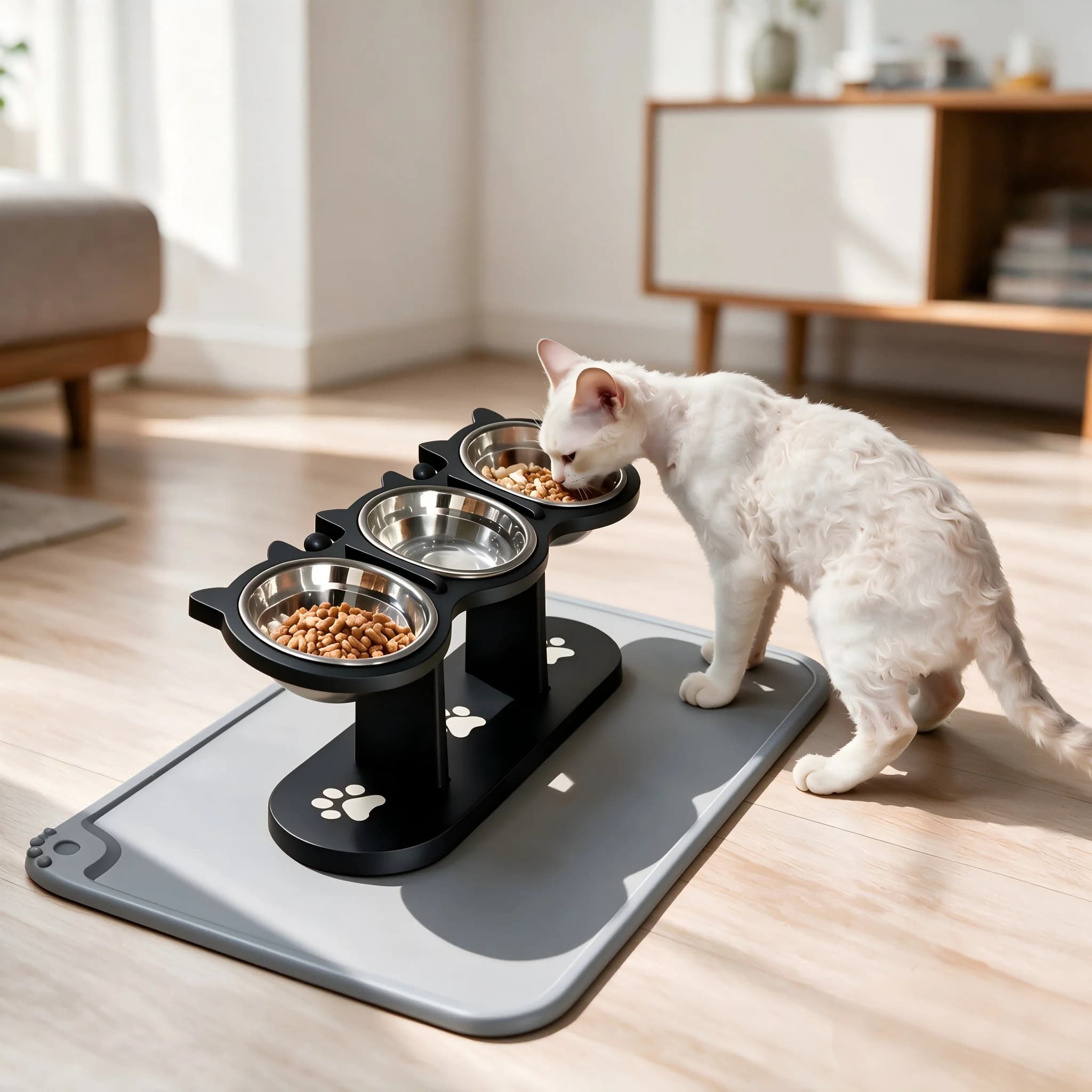 Elevated Cat Bowls with Food Mat Silicone 15° Tilted Wooden Stand 3 Stainless Steel Pet Cat Food Water Bowls for Cats Puppies